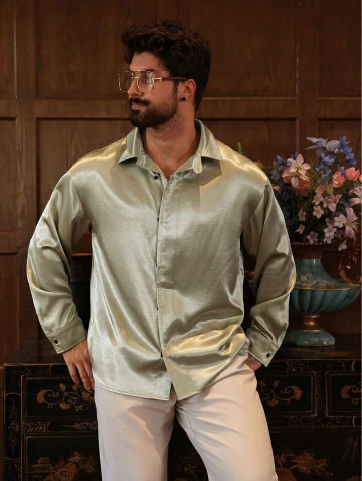 Men's Solid Green Casual Party Shirt, Spring/Summer Long Sleeve